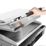 Benchstar Electric Grill Station Gh 816 close-up showing hand lifting lid to reveal brushed metal surface and front control panel