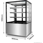 Bonvue Heated Display Cabinet H Sf830v in a three-quarter view with stainless steel base, glass enclosure, and dimension arrows.