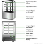 Annotated diagram of the Bonvue Heated Display Cabinet H Sf830v showing open and front views with labels for glass, shelves, and controls.