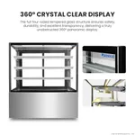 Bonvue heated display cabinet front view with stainless steel base and four glass shelves, plus inset close-ups of the logo and shelf supports.