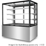 Bonvue Heated Display Cabinet H Sf840v from a three-quarter angle, featuring a stainless steel base, black-framed glass, and four white wire shelves.