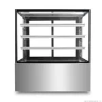 Bonvue Heated Display Cabinet H Sf840v front view with stainless steel base, black glass frame, and three white curved shelf rails.