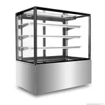 Bonvue Heated Display Cabinet H Sf840v in a three-quarter view, showing the brushed stainless steel base and four white wire shelves inside the black-framed glass enclosure.