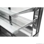 Close-up of the Bonvue Heated Display Cabinet H Sf840v interior showing glass shelves on white brackets and a stainless steel frame.