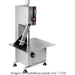 Matador HLS1650 Heavy Duty Bone Saw from a front-three-quarter angle, showing stainless steel housing, red emergency stop, and cabinet base.