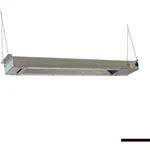 Benchstar Strip Warmer Heater 609mm Hsw600 side view, suspended by chains, featuring brushed stainless steel housing and red indicator light.