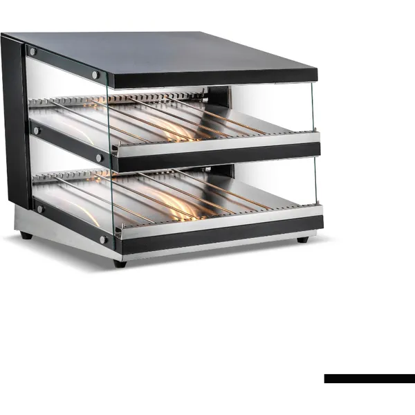 Bonvue Heated Passthrough Warmer Hwb2 102, a two-tier stainless steel unit with black panels, clear glass, and orange heating elements.