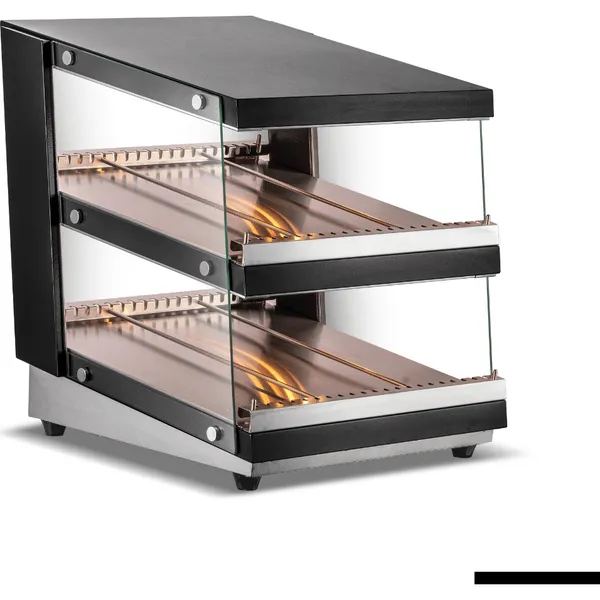 Bonvue Heated Passthrough Warmer Hwb2 65, a two-tier unit with black panels, clear glass fronts, and stainless steel shelving.