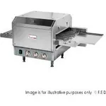 Bakermax Hx 14EP electric conveyor pizza oven from a front-three-quarter angle, featuring stainless steel construction and a wire-mesh belt.