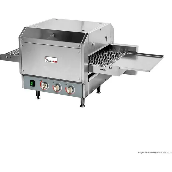 Baker Max Hx 14EP electric conveyor pizza oven with stainless steel body, wire mesh belt, and front control panel