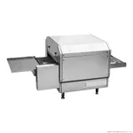 Baker Max Hx 14EP electric conveyor pizza oven from a three-quarter angle, featuring a stainless steel body and wire-mesh belt.