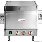 Baker Max Hx 14EP electric conveyor pizza oven front view with brushed stainless steel housing, control dials, and wire mesh belts