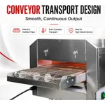 Baker Max Hx 14EP electric conveyor pizza oven front three-quarter view with wire mesh belt and red text overlay