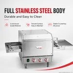 Baker Max Hx 14EP electric conveyor pizza oven front view with extended wire belts and control knobs