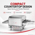 Baker Max Hx 14EP electric conveyor pizza oven front view with control panel and dual side trays
