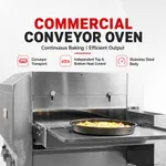 Baker Max Hx 14EP commercial conveyor oven in three-quarter view with pizza on extended belt, featuring stainless steel body and control knobs.