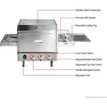 Annotated front view of the Baker Max Hx 14EP electric conveyor pizza oven, labeling stainless steel body, control dials, and belt system.
