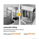 Close-up of the Benchstar fryer's stainless steel auto-lifting arm and wire mesh basket, with text detailing 12.1 mm/s speed and 127 mm height.
