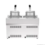 Rear view of the Benchstar Double Tanks Auto Lifting Induction Fryer showing two raised wire baskets, black handles, and four horizontal ventilation grilles.