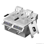 Benchstar double tank induction fryer in three-quarter view with open door, showing two baskets, blue digital controls, and silver drain valves.