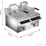 Benchstar Double Tanks Auto Lifting Induction Fryer from a three-quarter angle, showing stainless steel tanks, wire baskets, and dimension arrows.