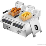 Benchstar double tank induction fryer close-up showing two stainless steel baskets with food and digital control panels