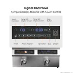 Benchstar Double Tanks Auto Lifting Induction Fryer close-up of the black tempered glass digital controller with blue LED displays and touch buttons.