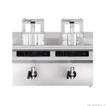 Benchstar Double Tanks Auto Lifting Induction Fryer front view with stainless steel baskets and central digital control panel