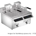 Benchstar double-tank induction fryer from a front-left angle, showing stainless steel tanks, wire baskets, and digital controls.