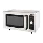 Apuro Commercial Microwave - Manual Light Duty - 25Ltr, three-quarter front view showing stainless steel body and black control panel