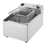 Apuro Single Fryer angled close-up showing brushed stainless steel housing, wire mesh basket, and rear control panel with red switch and dial.