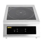 Apuro Heavy Duty Induction Hob front view with black glass cooktop, white heating zone rings, and yellow BUFFALO logo on the control panel.