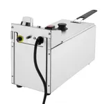 Apuro Single Fryer rear view showing brushed stainless steel body, black power cable, yellow-ringed dial, and red rocker switch.