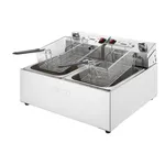 Apuro double electric fryer angled close-up showing brushed stainless steel body, dual wire baskets, and rear control panel with red switches.
