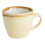 Olympia Kiln Sandstone Espresso Cup close-up showing cream ceramic body with brown speckled glaze on rim and looped handle