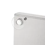 Close-up of the Apuro Single Spindle Drinks Mixer's brushed stainless steel side panel showing a circular mounting hole and Phillips-head screw.