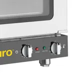 Close-up of the Apuro Convection Oven control panel featuring two white dials, red and green indicator lights, and a stainless steel steam inlet.