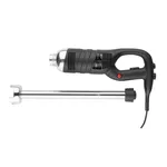 Apuro Stick Blender disassembled, showing black motor housing with red button and detached 500mm stainless steel shaft with four-pronged blade.