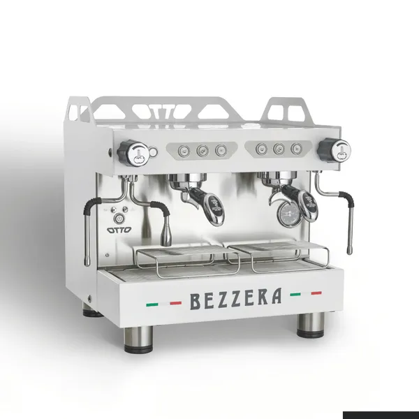 Bezzera OTTO DE Auto Foamer 2 Group Espresso Machine in white with stainless steel top, dual gauges, and green and red stripes