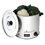 Apuro Food Steamer in use with broccoli and cauliflower, stainless steel body, black basket, and open lid.