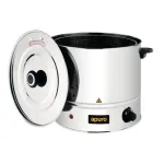 Apuro Food Steamer side view with open stainless steel lid revealing black wire mesh basket and red indicator light