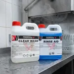 F.H.E Clear Wash 2L jug with red cap and blue Rinse Aid jug on a wet stainless steel counter