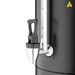 Close-up of the Apuro Water Boiler Matt Black showing the stainless steel tap, grey lever, and glass sight tube with markings.