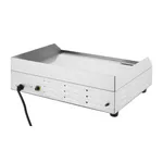Apuro Small Countertop Griddle - Steel Plate, angled side view showing stainless steel plate, black power cord, and rotary knob.