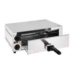 Caterlite Pizza Oven close-up showing open stainless steel door, black wire rack, and side control knobs