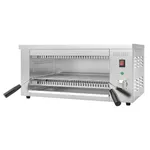 Apuro Quartz Salamander Grill from a front three-quarter angle with the wire mesh rack extended on black-handled rods.