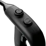 Close-up of the matte black handle on the Apuro Stick Blender, featuring two circular control buttons and a side switch.