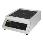 Apuro Heavy Duty Induction Hob angled close-up showing stainless steel housing, black glass cooktop, and touch controls.