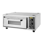 Apuro Firestone Pizza Oven in three-quarter view showing stainless steel body, glass door, and control panel with yellow Buffalo logo
