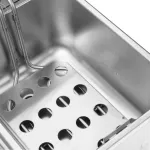 Close-up of the Apuro Single Fryer's stainless steel interior, showing the perforated basket and etched MAX and MIN measurement markings.